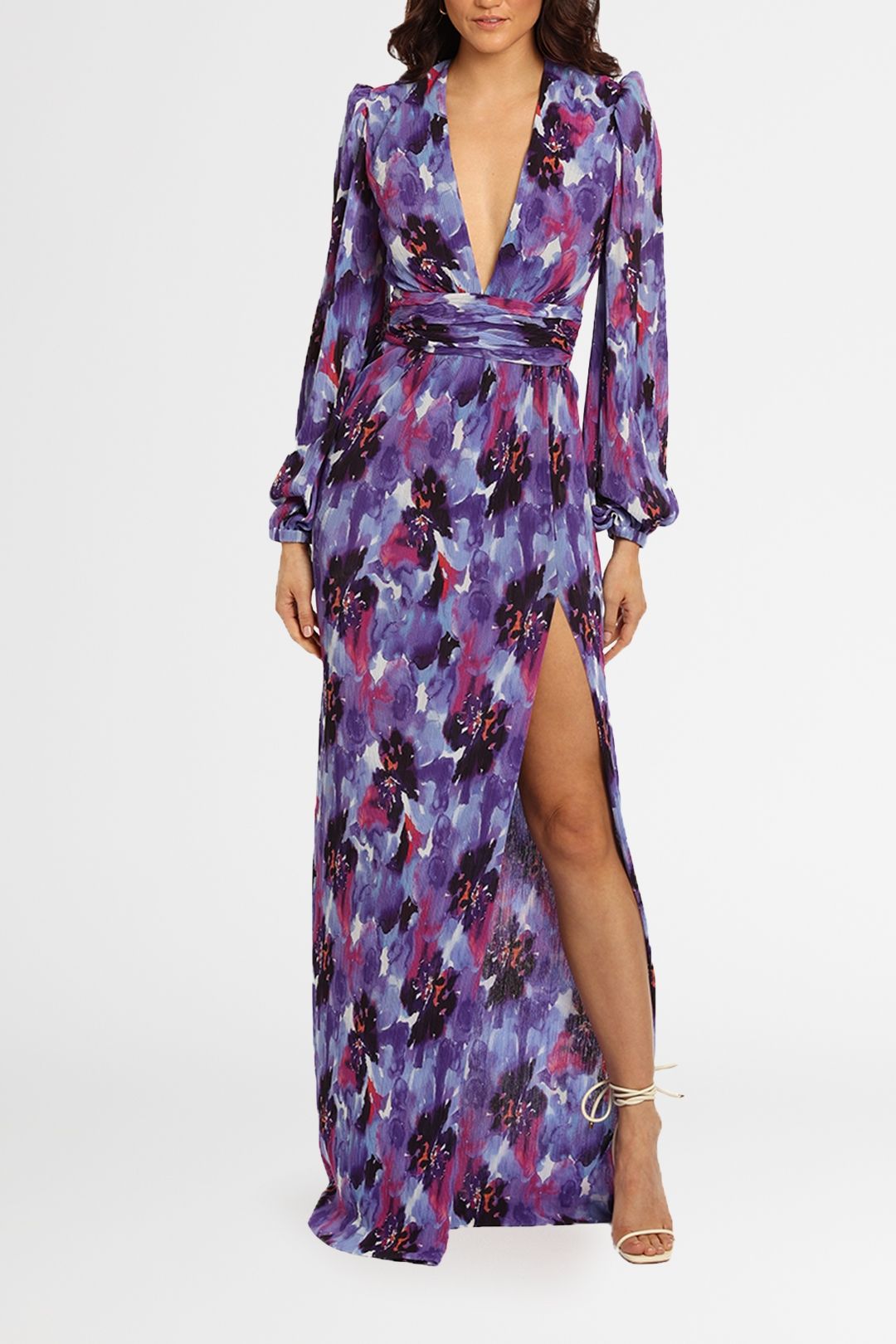 Red Carpet Luxe Purple Stretch Backless Plunge Maxi Dress