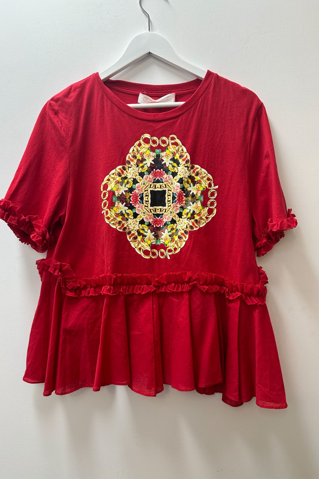 Trelise Cooper Red Flounce Rate Top with Gold Foil Print