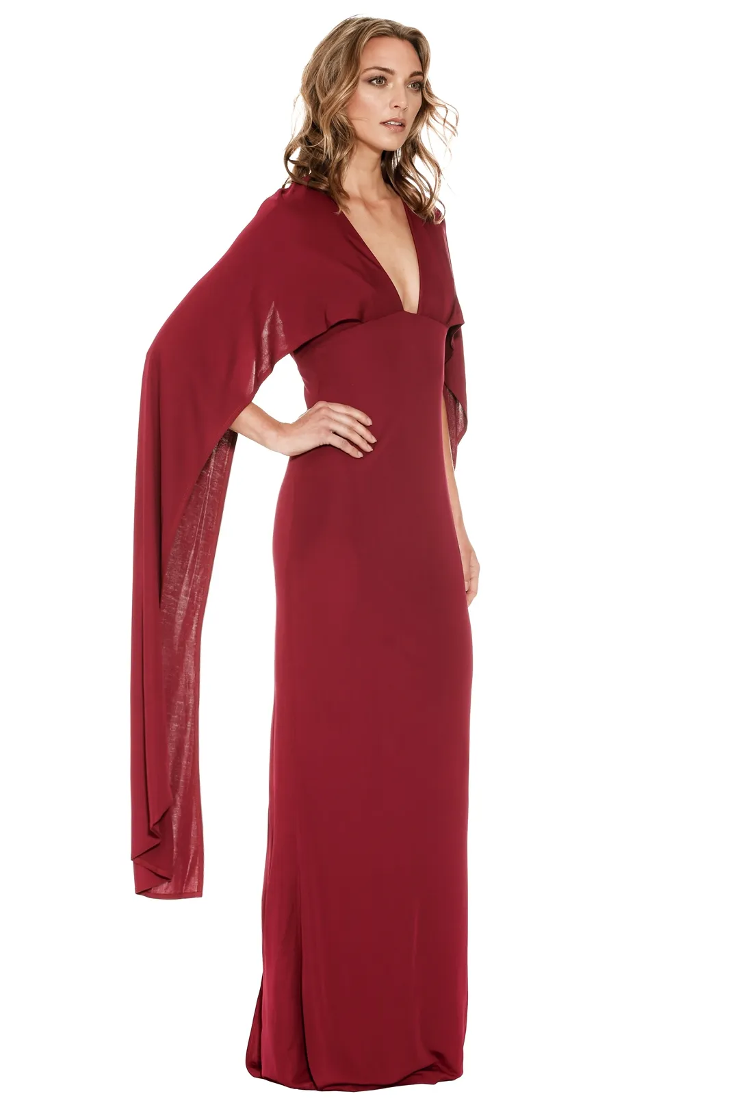 Formal Cyra Deep V Cape Gown available for hire