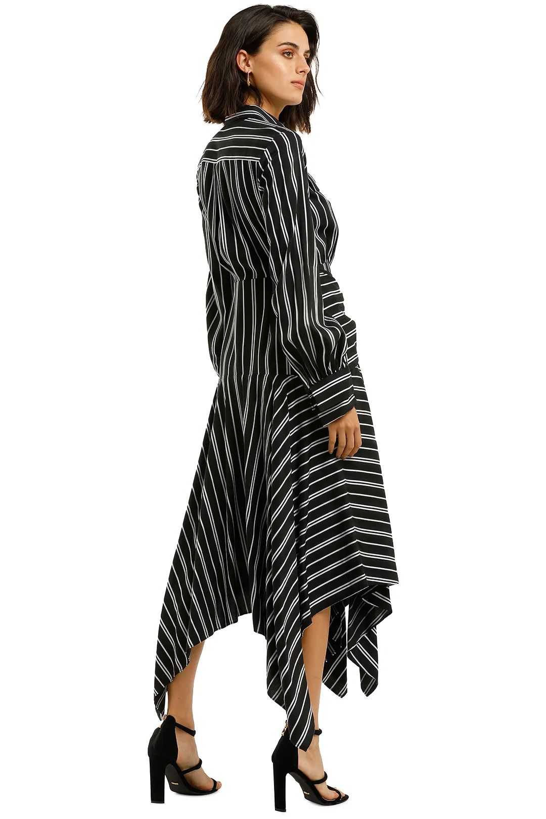 Navy stripe Cresler dress with asymmetrical hemline available for rent.