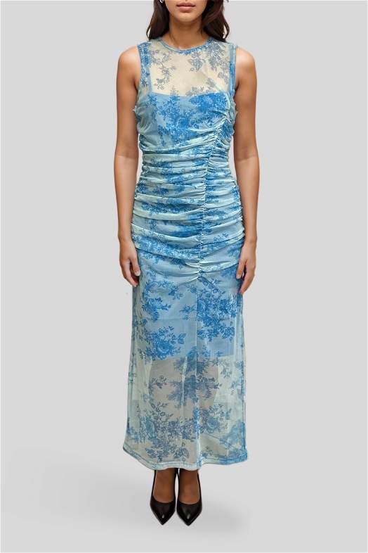 cue blue dress Hire Floral Sheer Ruched Panel Dress | CUE