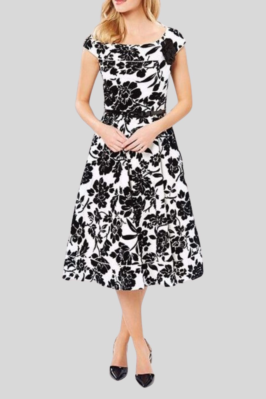 Cream and Black Cascade Floral Dress