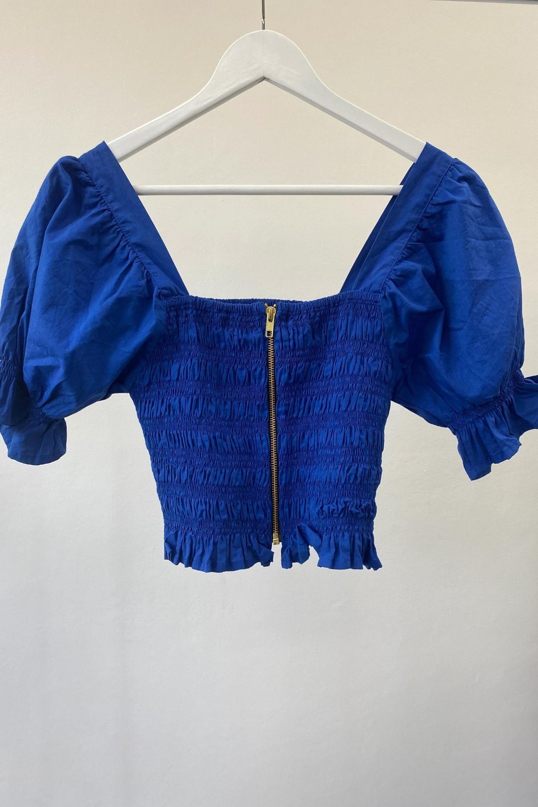 Buy Shirred Blue Crop Top | Rue Stiic | GlamCorner