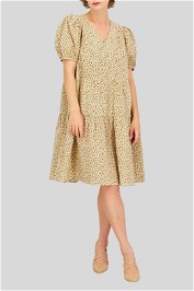 Cream Sally Tiered V Neck Dress in Floral Print