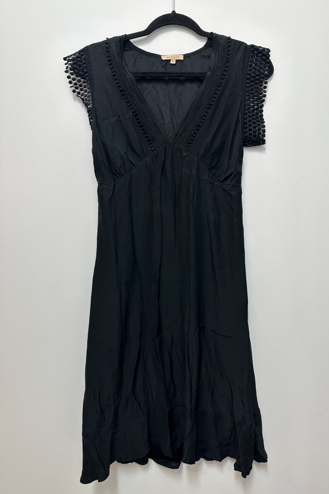 Sandro  - Black Silk Bias Dress with Lace