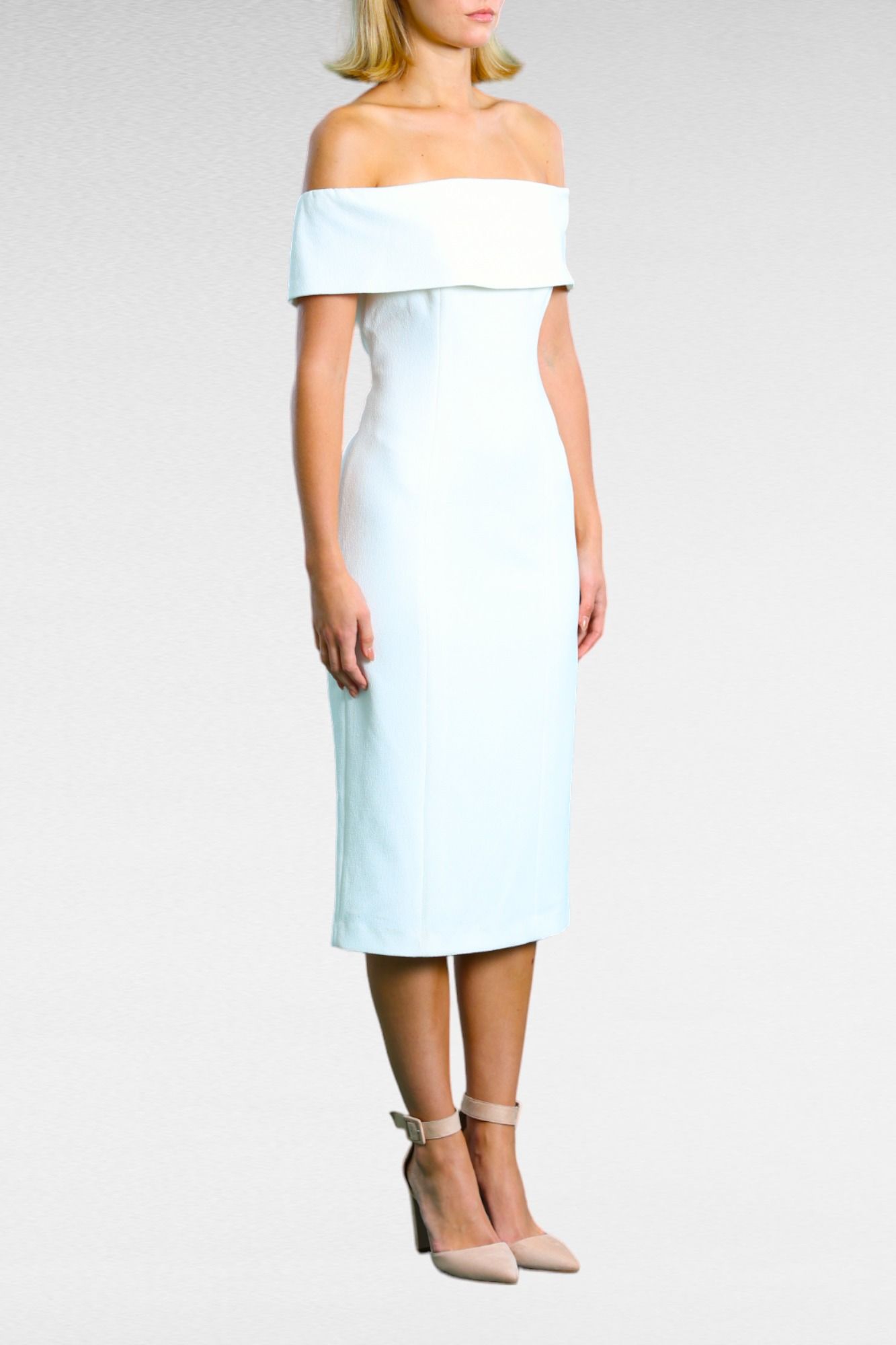 Sasha Off Shoulder Structured Dress Ivory Midi