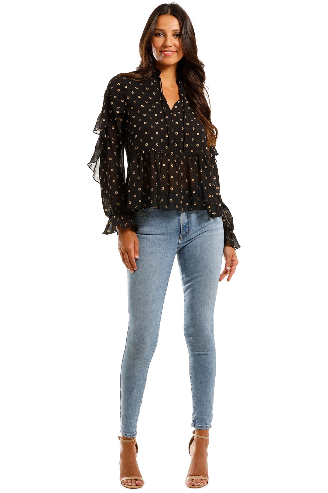 Scotch & Soda Sheer Printed Top With Ruffles Sheer Sleeves