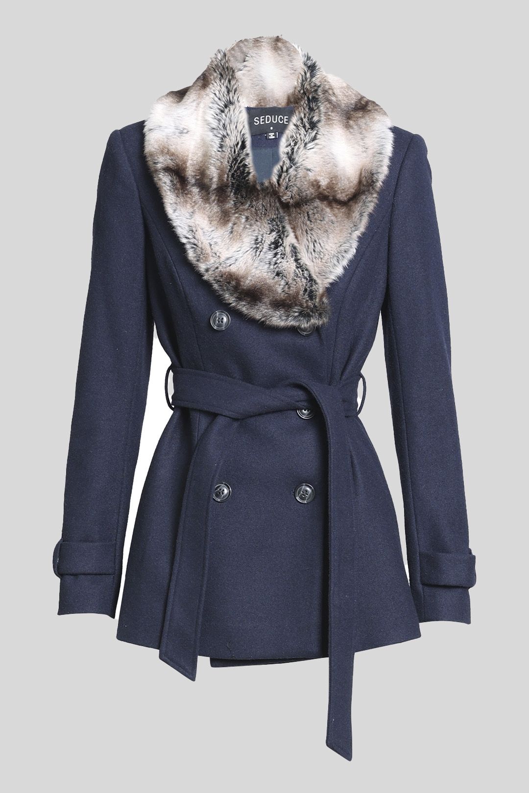 Faux Fur Collar Navy Coat