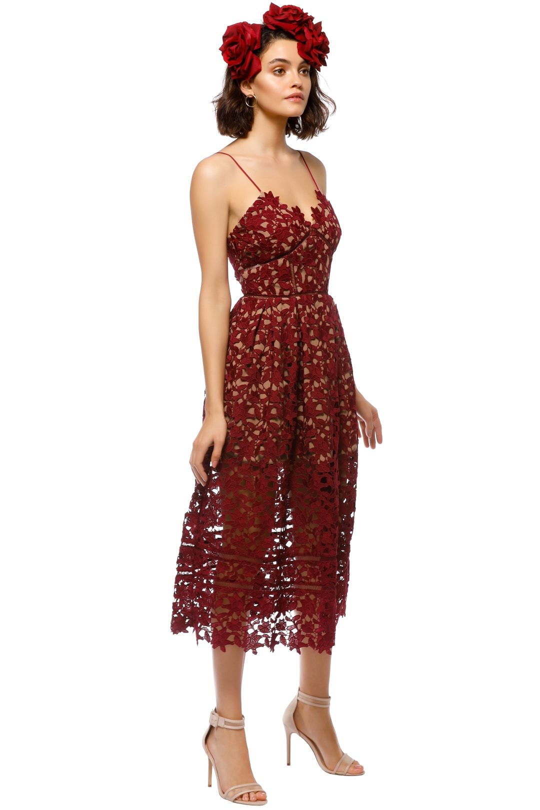 Azalea Lace Midi Dress in Burgundy by Self Portrait for Rent