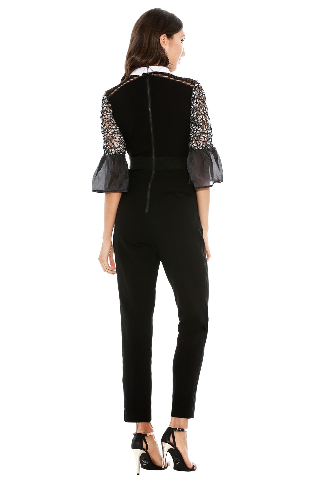 Self Portrait - Bell Sleeve Jumpsuit with Collar - Black - Back