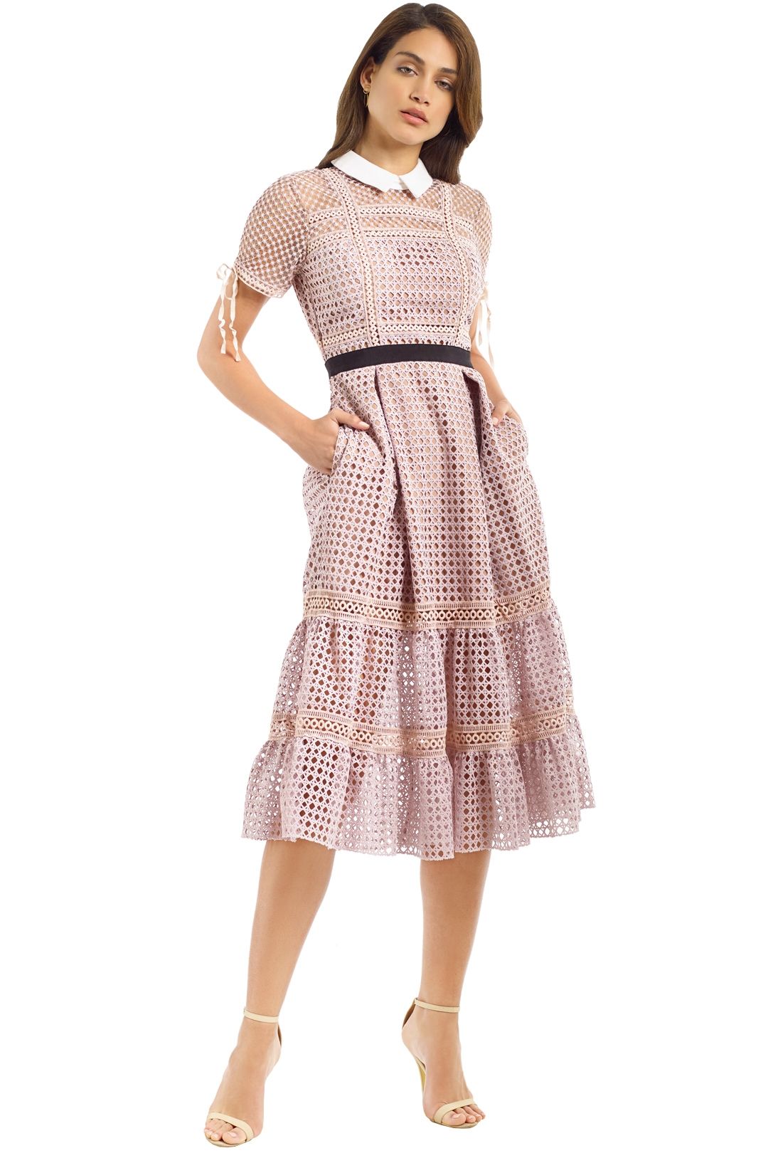 Self Portrait - Cross Hatch Tiered Midi Dress - Pastel Pink - Front