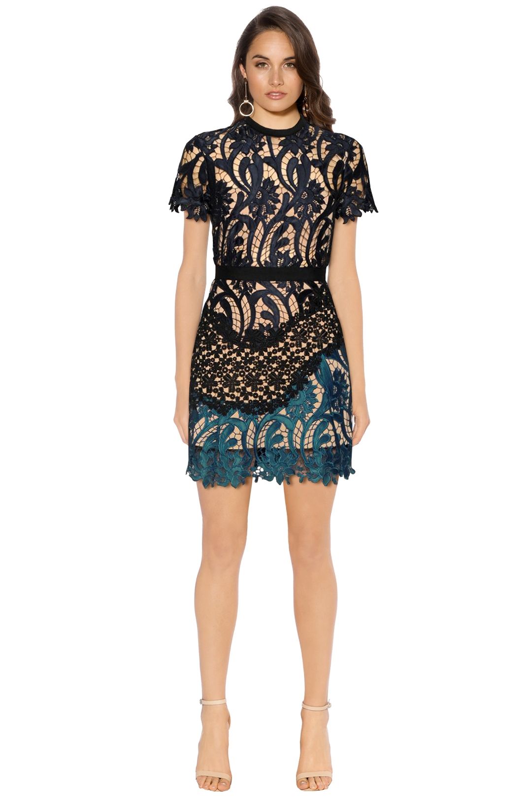 Self Portrait - Prairie Patchwork Lace Mini Dress - Navy Green - Front