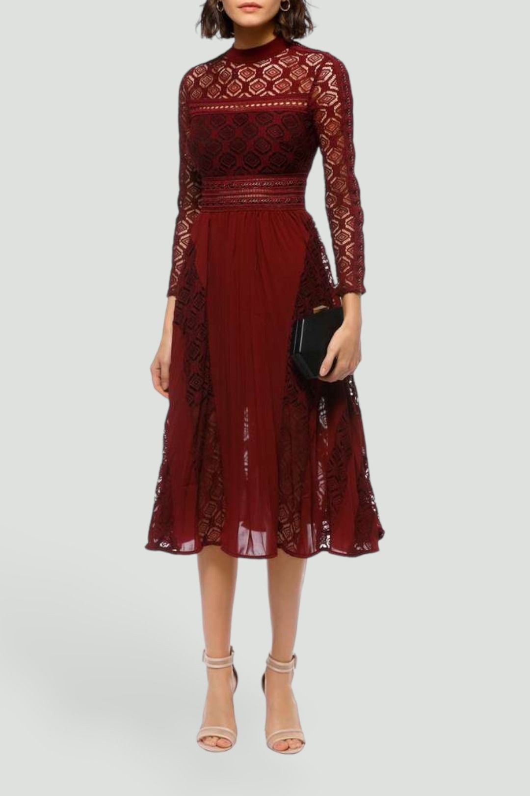 tight fitting burgundy prom dress Burgundy Lace Collared Midi Dress – self-portrait