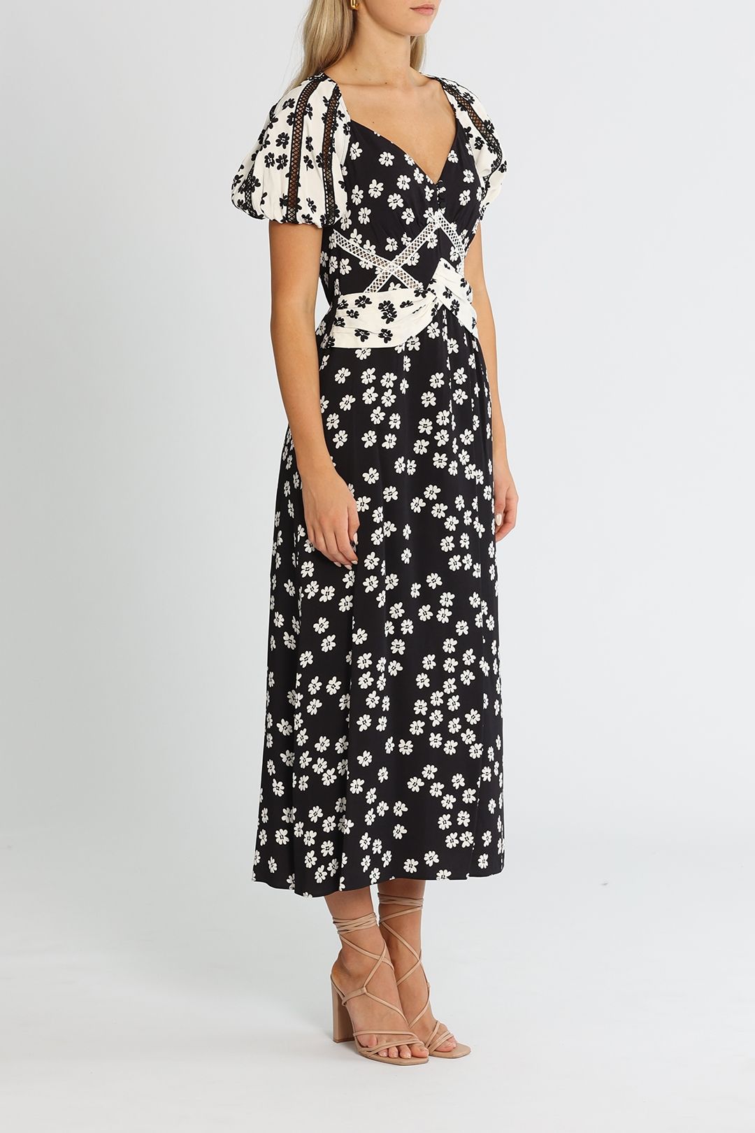 Hire Daisy Printed Midi Dress - Black Ivory | Self Portrait | GlamCorner