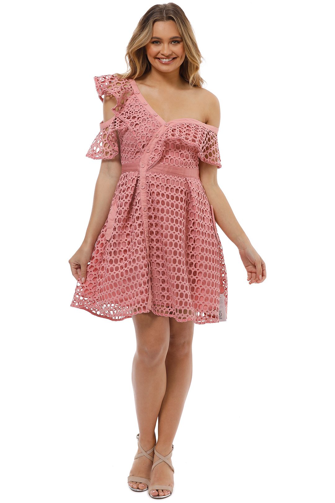 Guipure Frill Mini Dress in Pink by Self Portrait for Rent