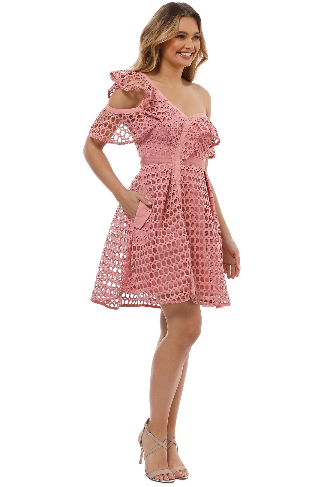 Guipure Frill Mini Dress in Pink by Self Portrait for Rent