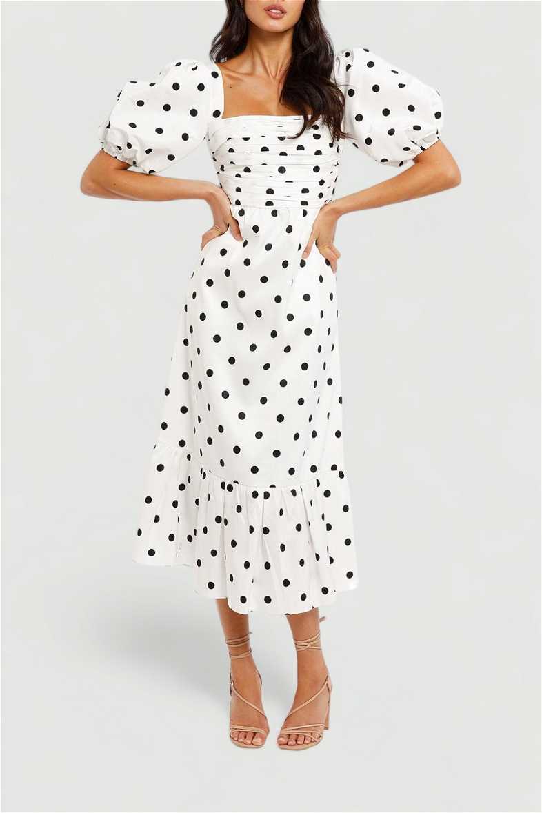 knee length dresses for ladies Cream Polka Dot Satin Midi Dress – self-portrait-US main image 0