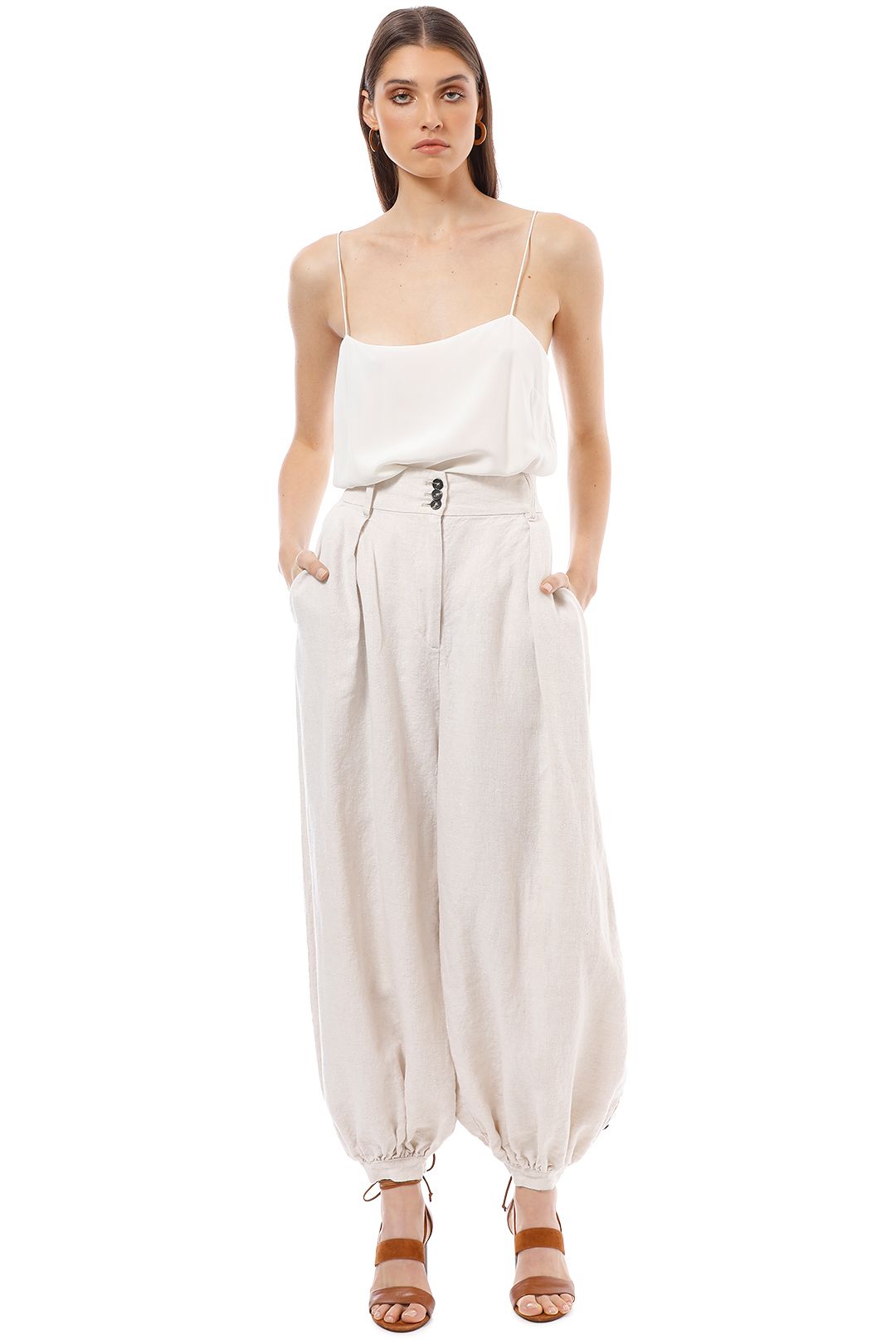 Shona Joy - Linen Tailored Harem Pants with Belt - Natural - Front