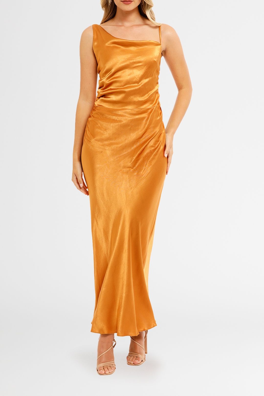 alma asymmetrical bias cowl midi dress Asym one shoulder neckline
