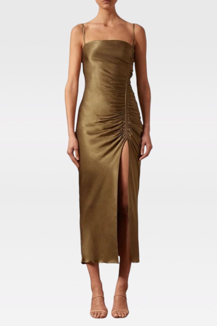 Buy Bias Ruched Midi Dress in Cumin Green Shona Joy GlamCorner