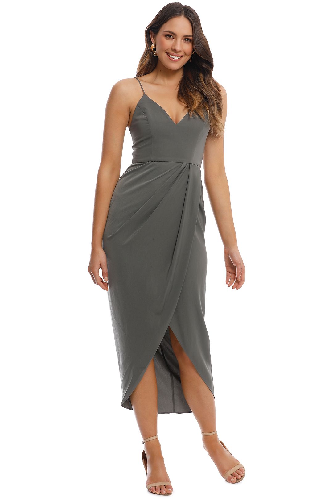 FShona Joy - Cocktail Draped Maxi Dress - Olive - Front