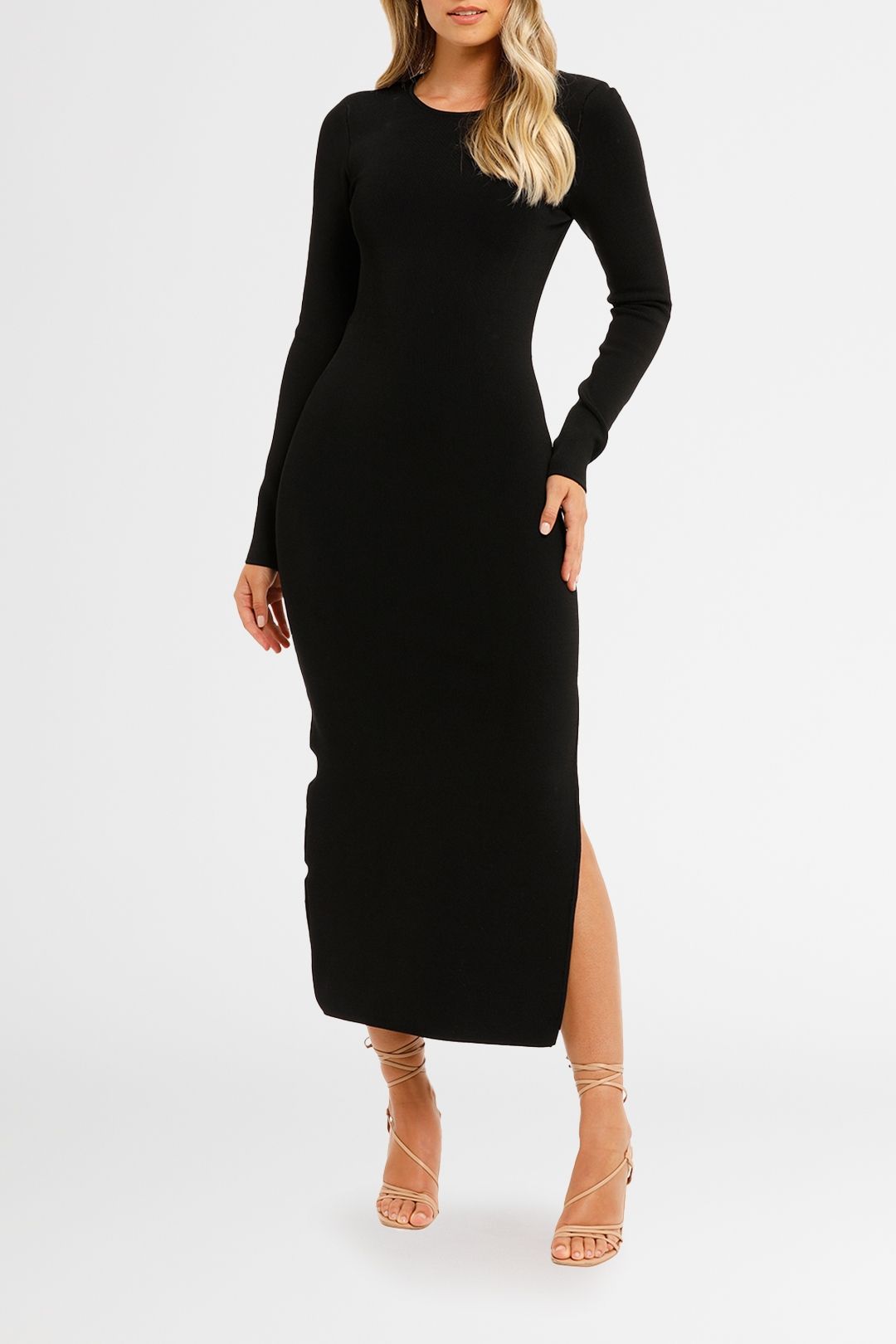 Shona Joy Long Sleeve Backless Midi Dress Black Crew Neck