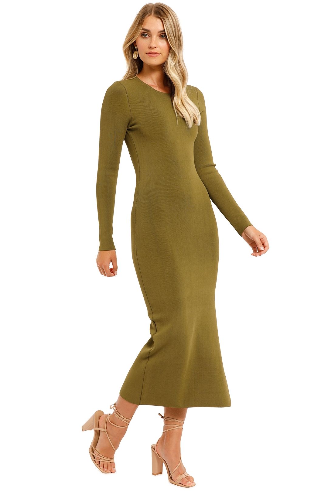 Shona Joy Long Sleeve Backless Midi Dress Olive Green