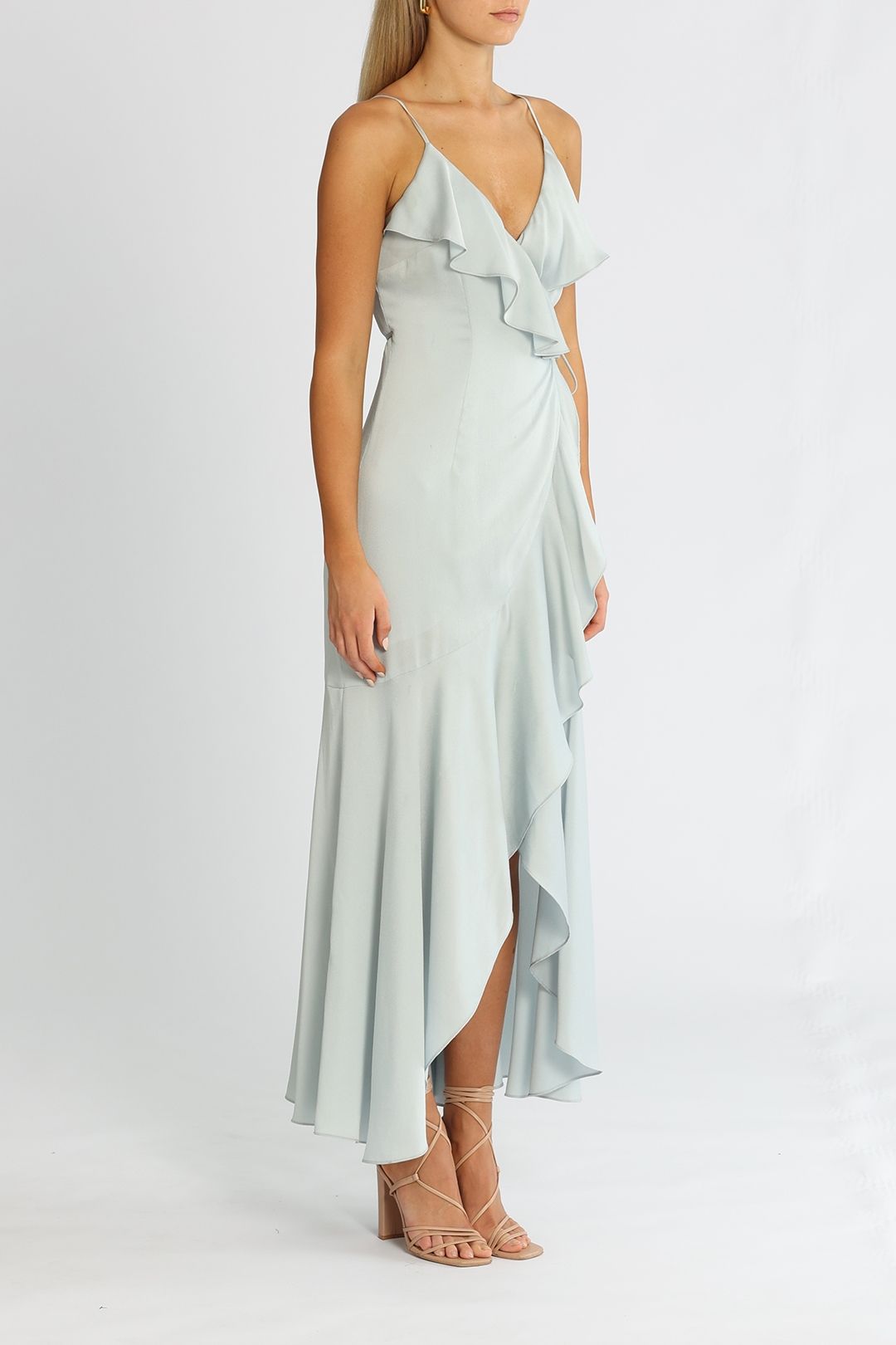 Image showcasing Hire Luxe Bias Frill Wrap Dress in Cloud | Shona Joy | GlamCorner