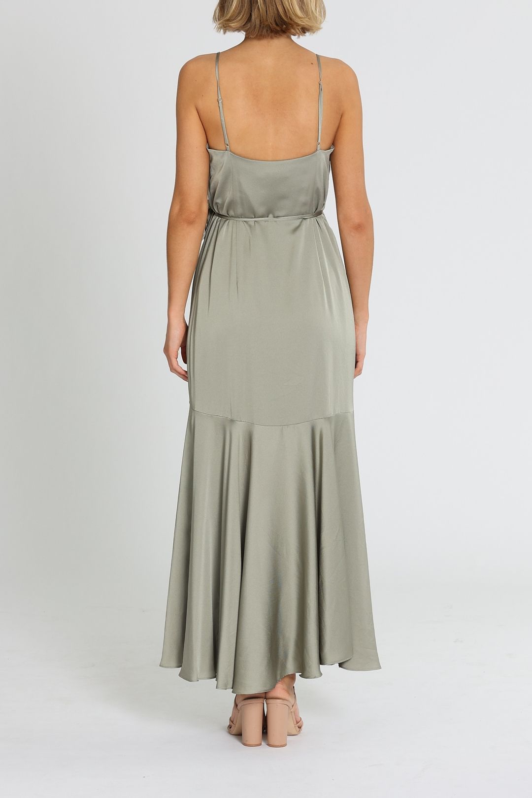 View of Hire Luxe Bias Frill Wrap Dress in Khaki | Shona Joy | GlamCorner