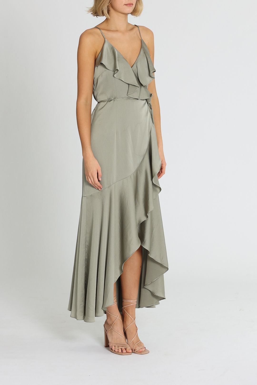 Image showcasing Hire Luxe Bias Frill Wrap Dress in Khaki | Shona Joy | GlamCorner