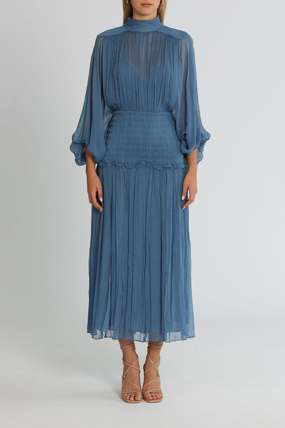 Shona Joy Noemi Long Sleeve Ruched Midi Dress Ocean