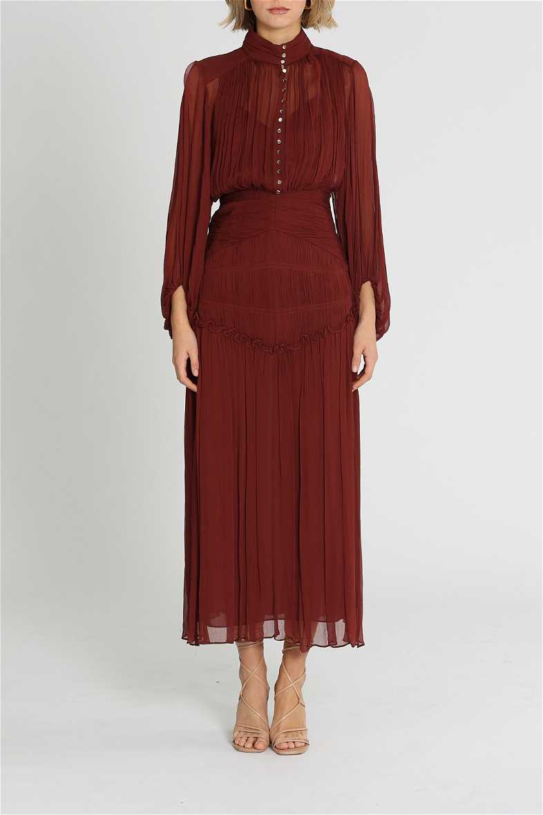 Hire Safira Button Up Ruched Midi Dress in Sangria Shona Joy