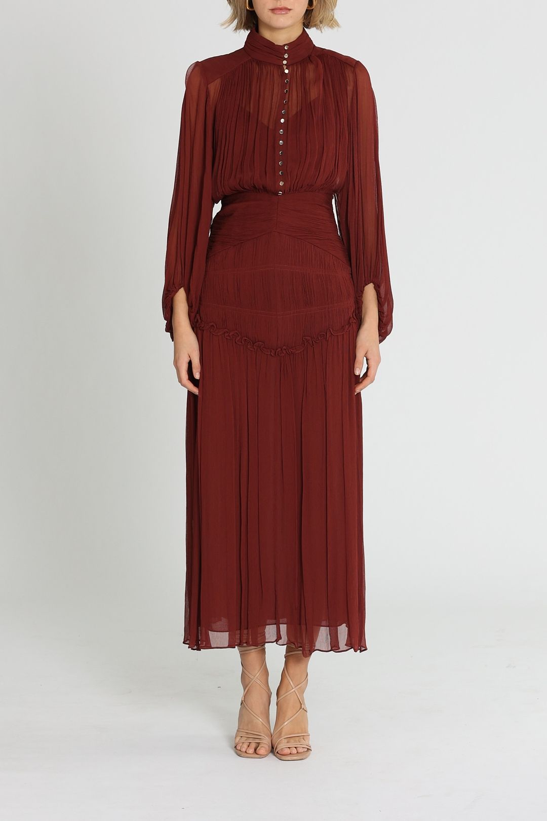 Shona Joy Safira Button Up Ruched Midi Dress Sangria