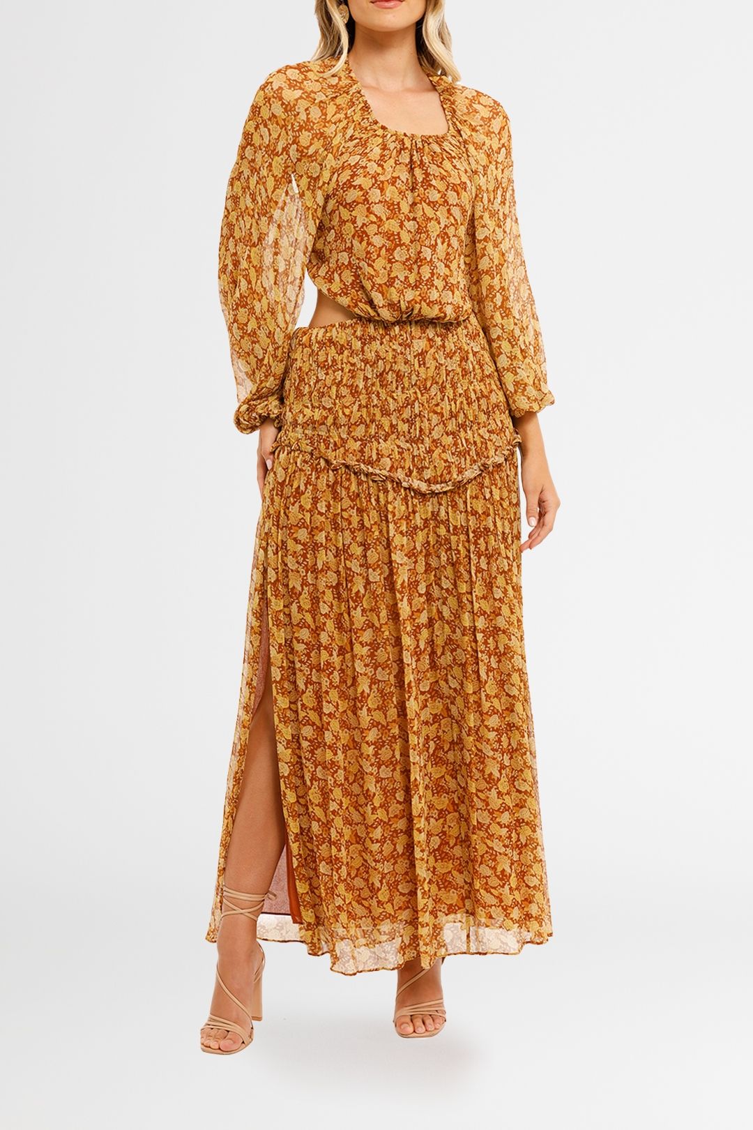 Shona Joy Sunset Cut Out Midi Dress Tumeric floral