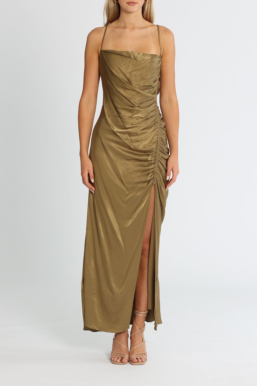 Shona Joy Thalia Bias Ruched Midi Dress Cumin