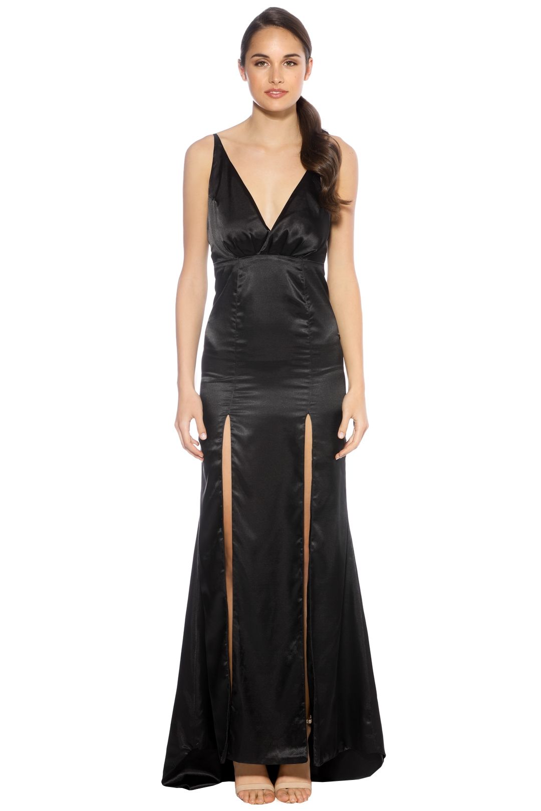 SKIVA - Cross Strap Satin Evening Dress - Black - Front