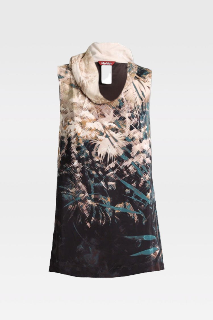 Max Mara Abstract Palm Print Sleeveless Silk Top