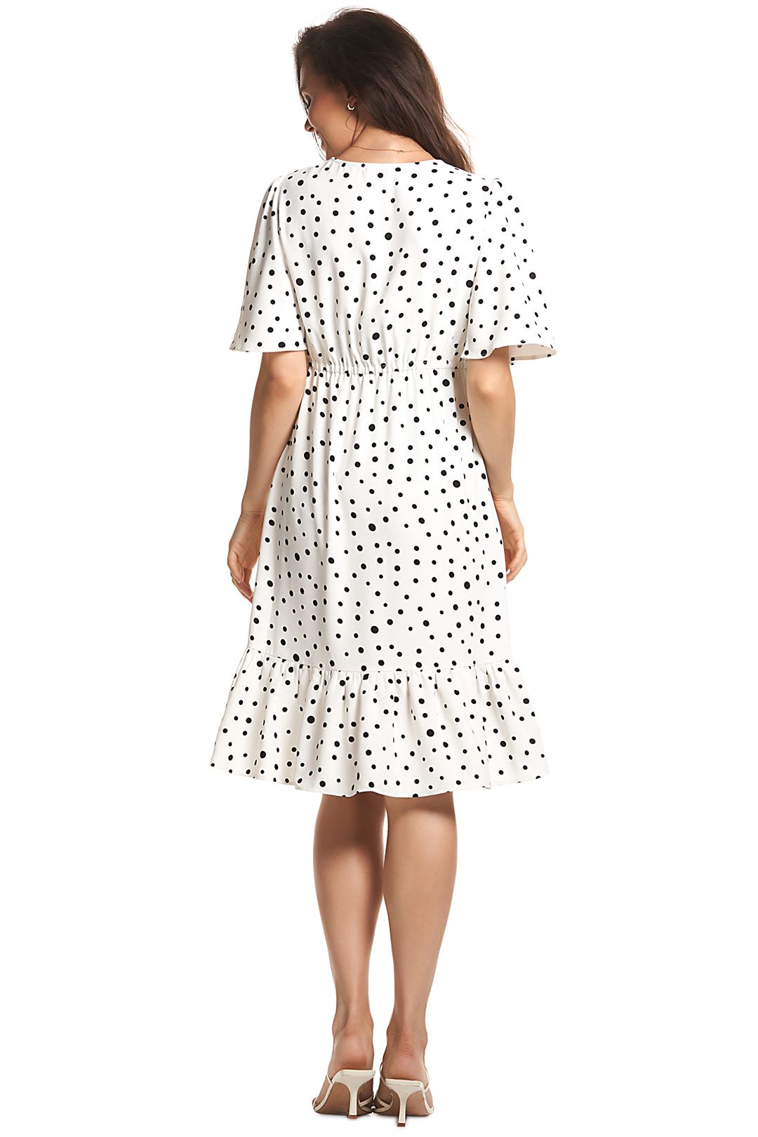 Anika Frill Dress in White Polka Dot by Soon Maternity for Hire