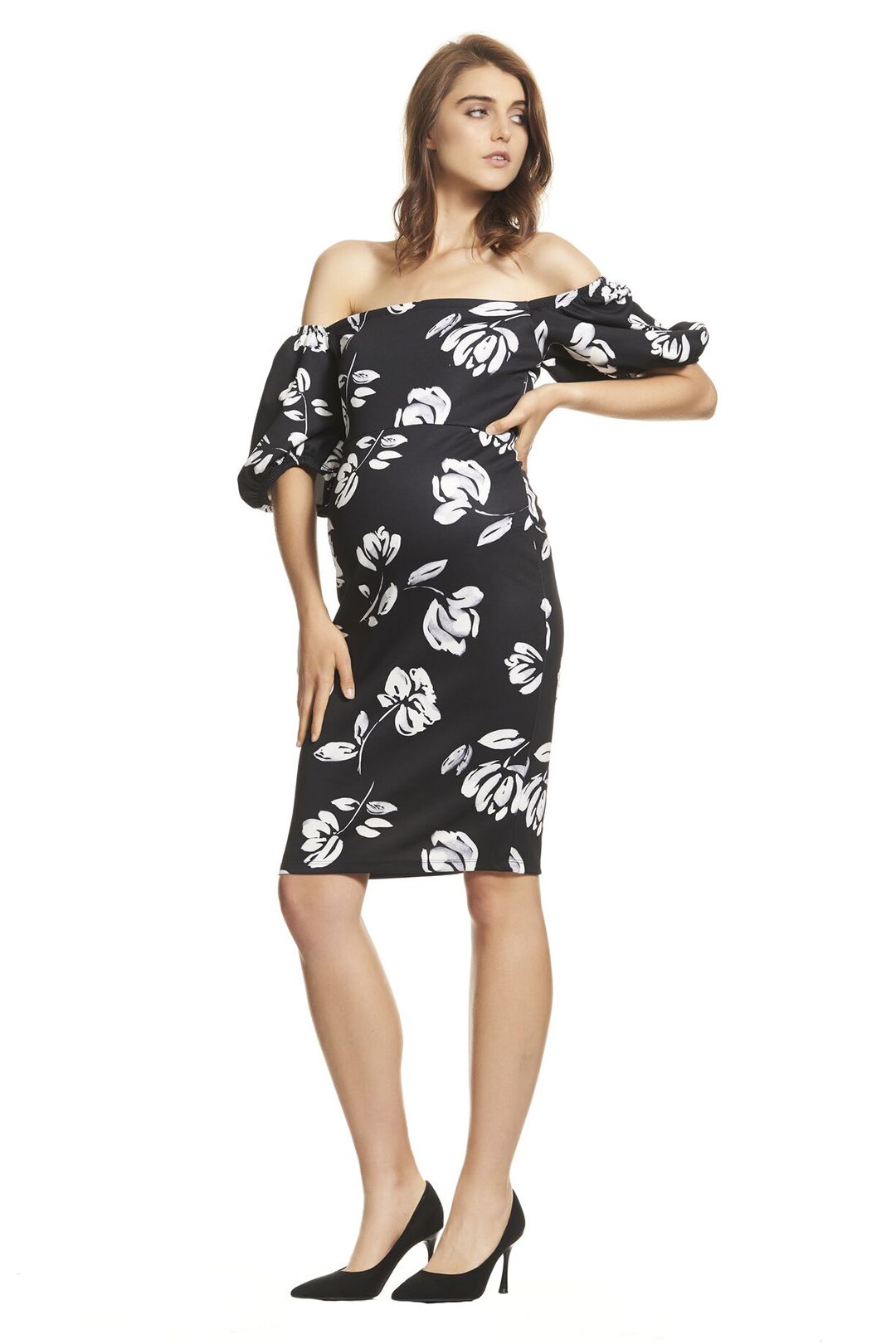 Soon-Maternity-Carrie-Puff-Sleeve-Dress-Black-Floral-Side