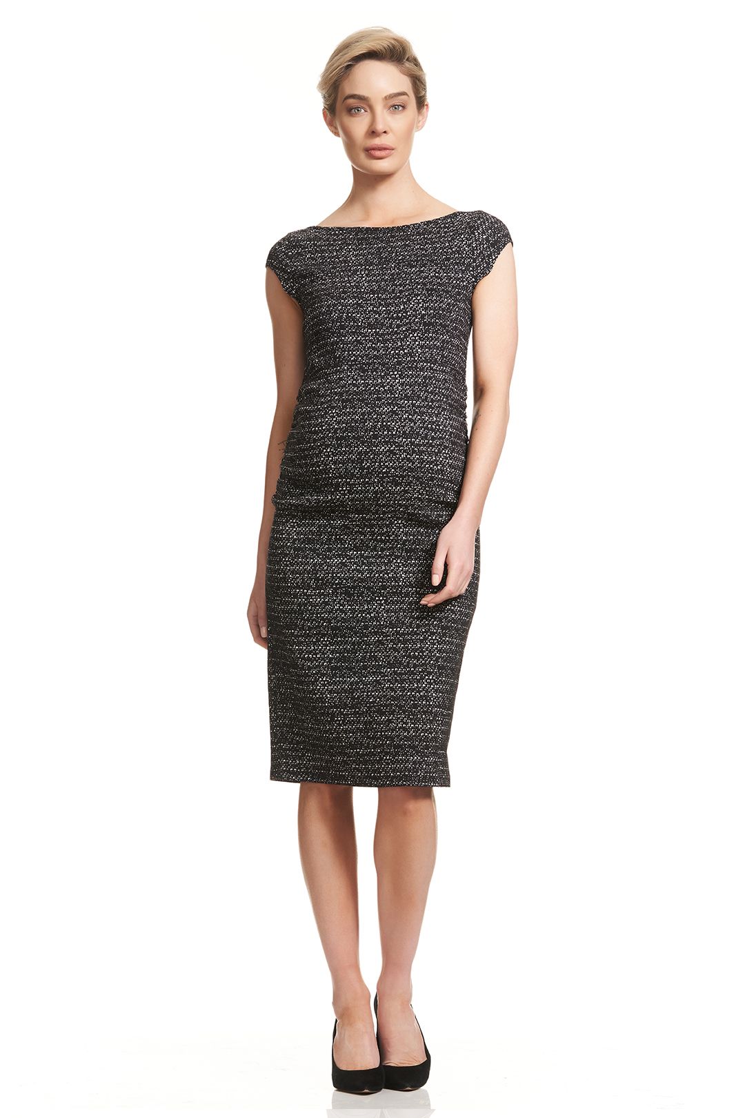 Soon-Maternity-Leo-Cap-Sleeve-Dress-Black-Jacquard-Front