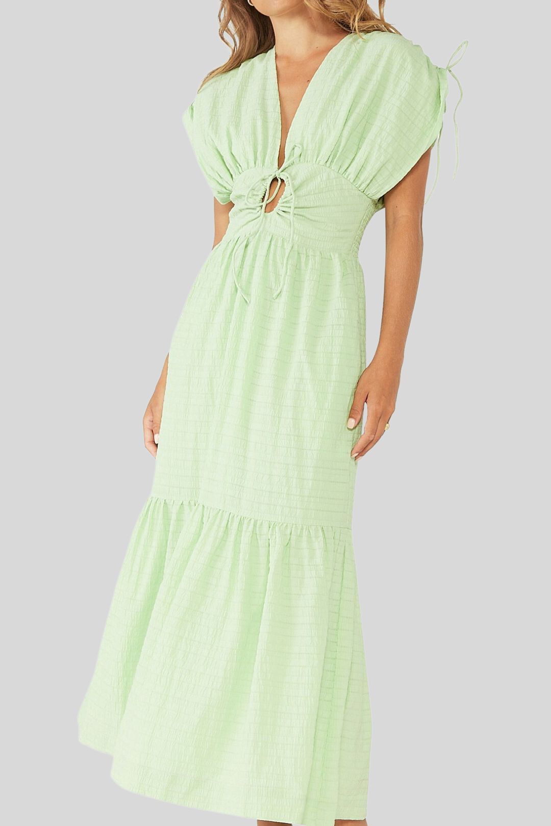 Buy Lucid Textured Stripe Midi Dress in Green | Sovere | GlamCorner Buy Lucid Textured Stripe Midi Dress in Green | Sovere | GlamCorner