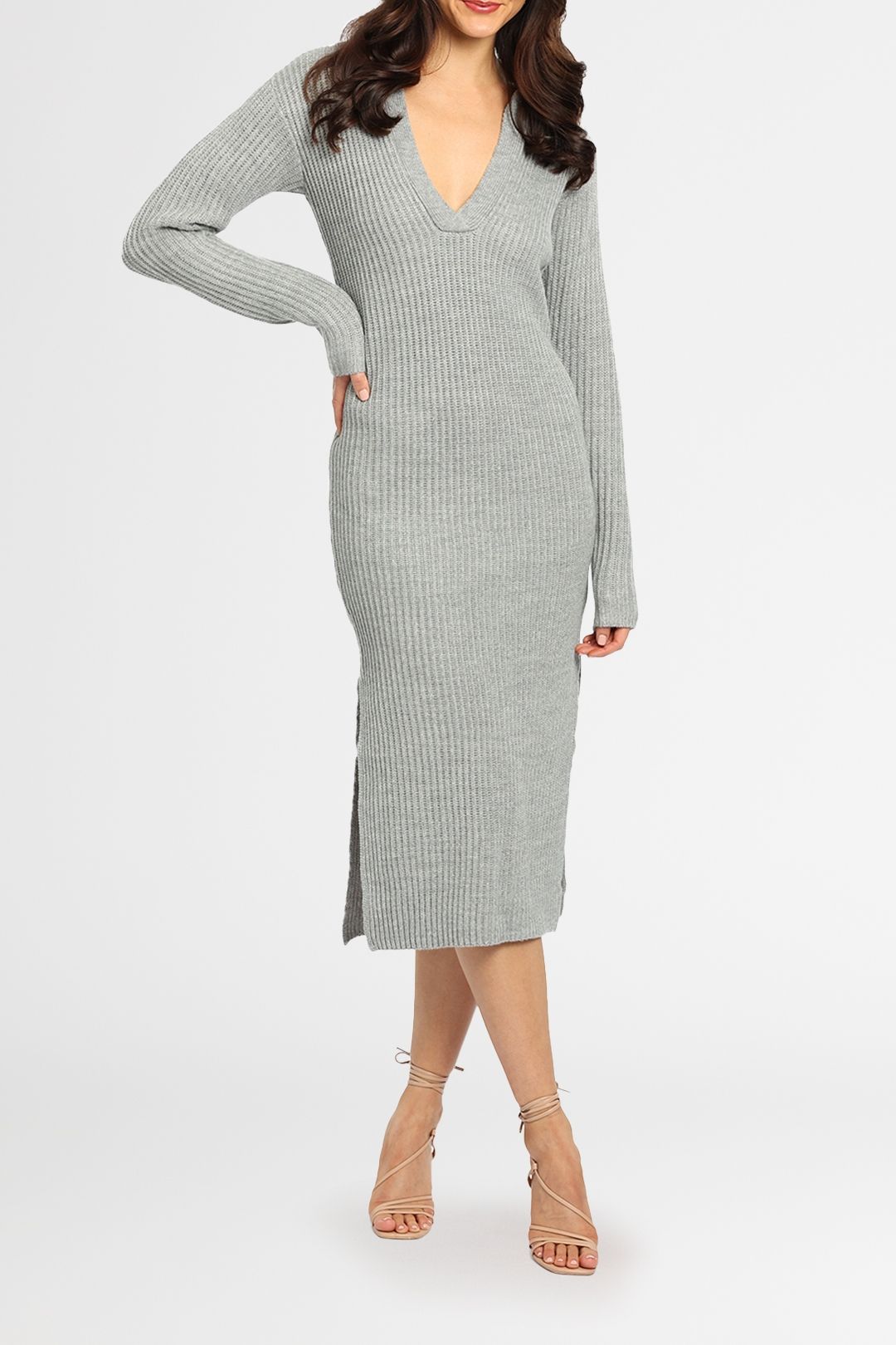 Hire Ivy Knit Midi Dress in Grey Marle Staple The Label GlamCorner
