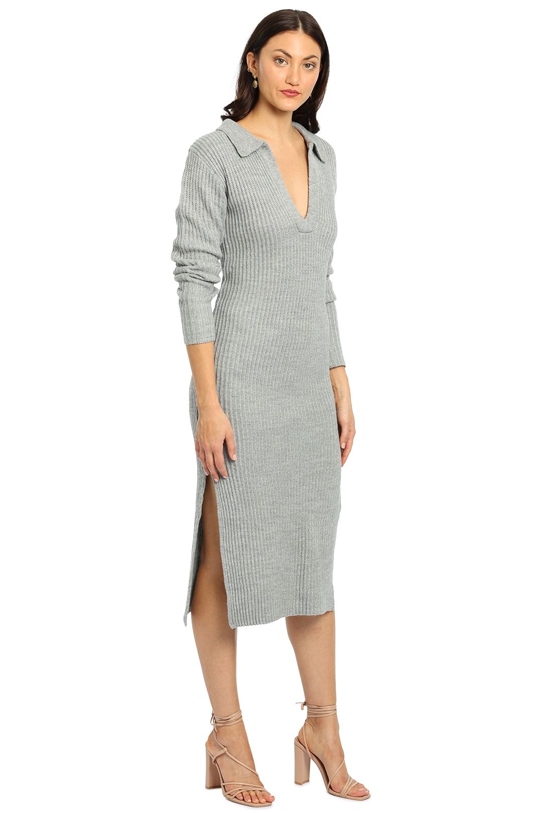 Staple The Label Ivy Knit Midi Dress Grey Marle Long Sleeve