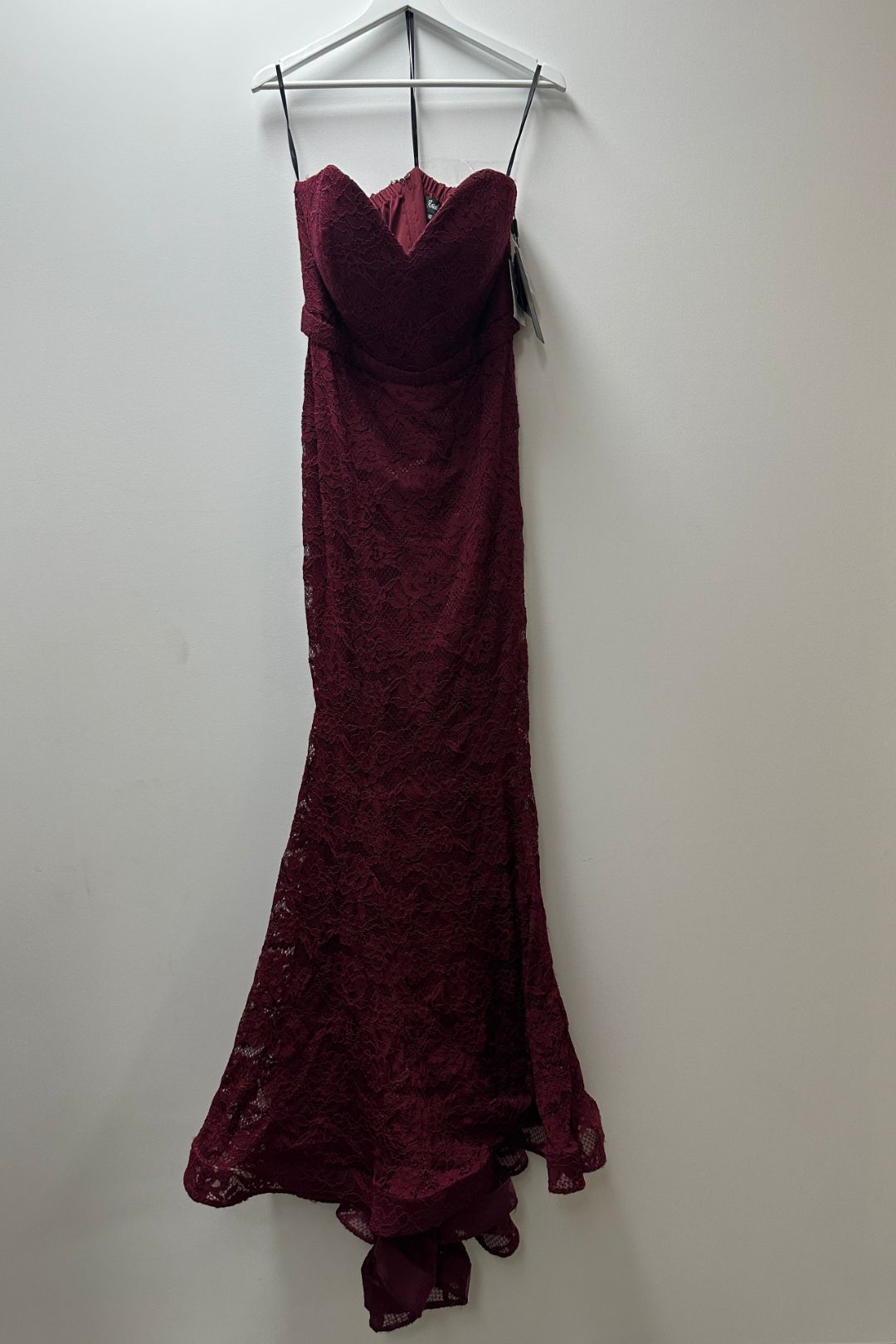 Buy Strapless Lace Evening Gown in Maroon | Jadore | GlamCorner