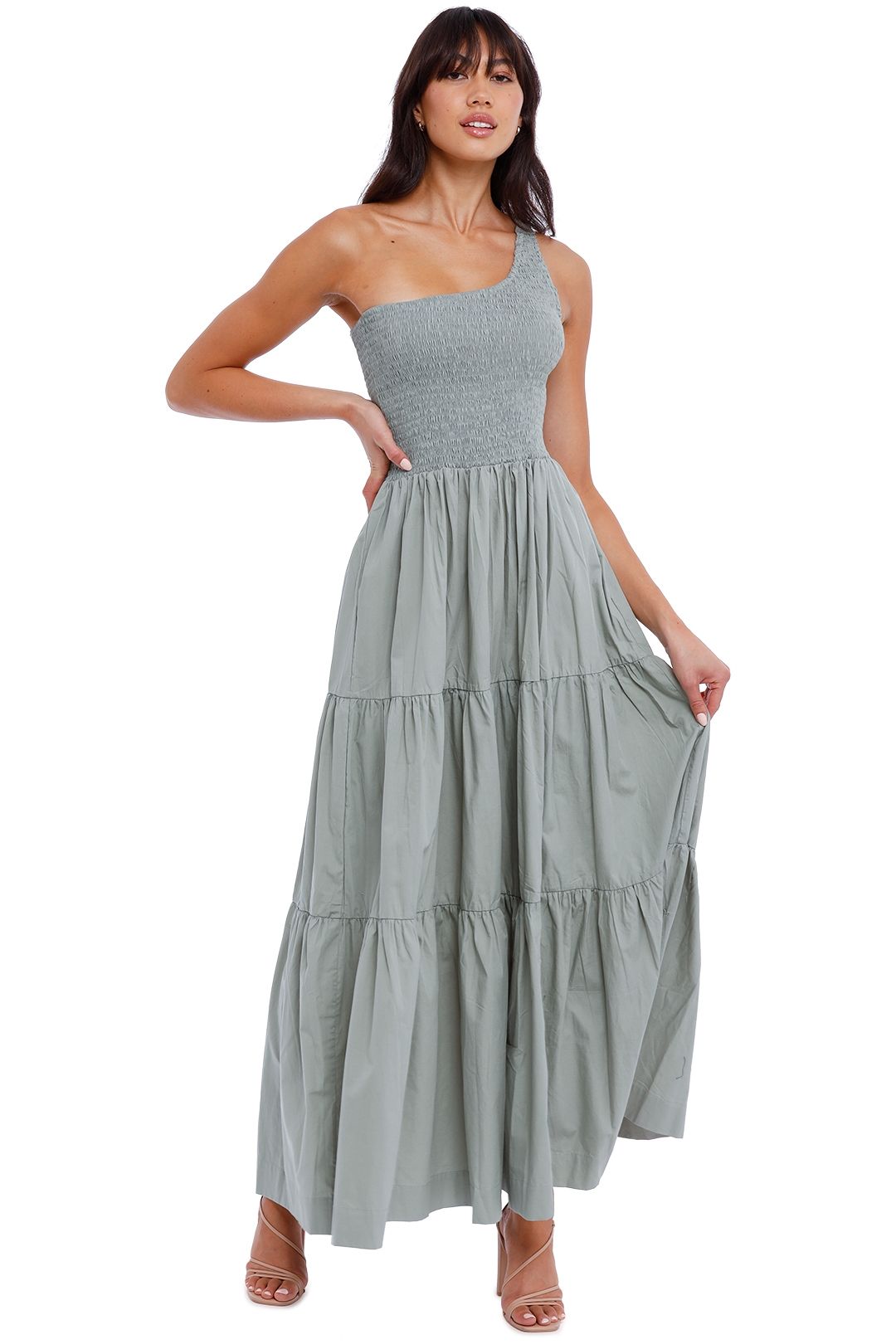 swf asymmetrical dress Saona One Shoulder Tiered Ruffle Sleeve Twist Asymmetrical Slit Gown   roschic