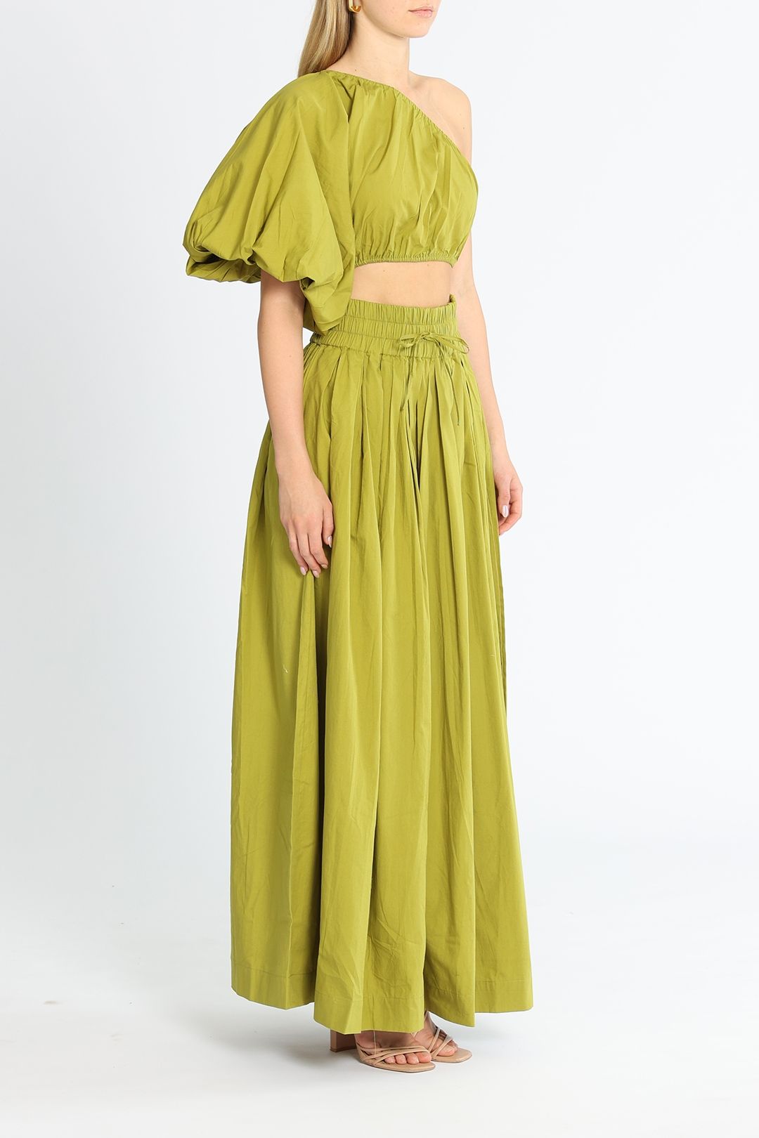 SWF Exaggerated One Shoulder Crop and Skirt Set Green Maxi