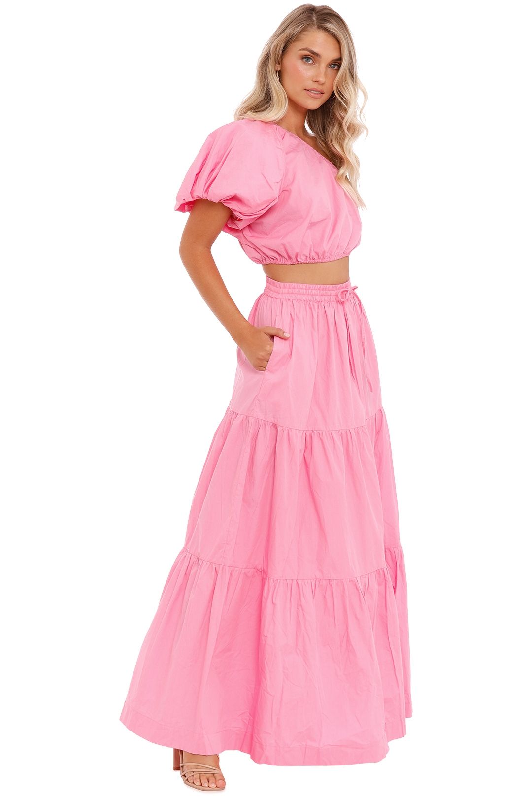 SWF Puff Sleeve Crop and Tiered Maxi Skirt Set Pink one shoulder