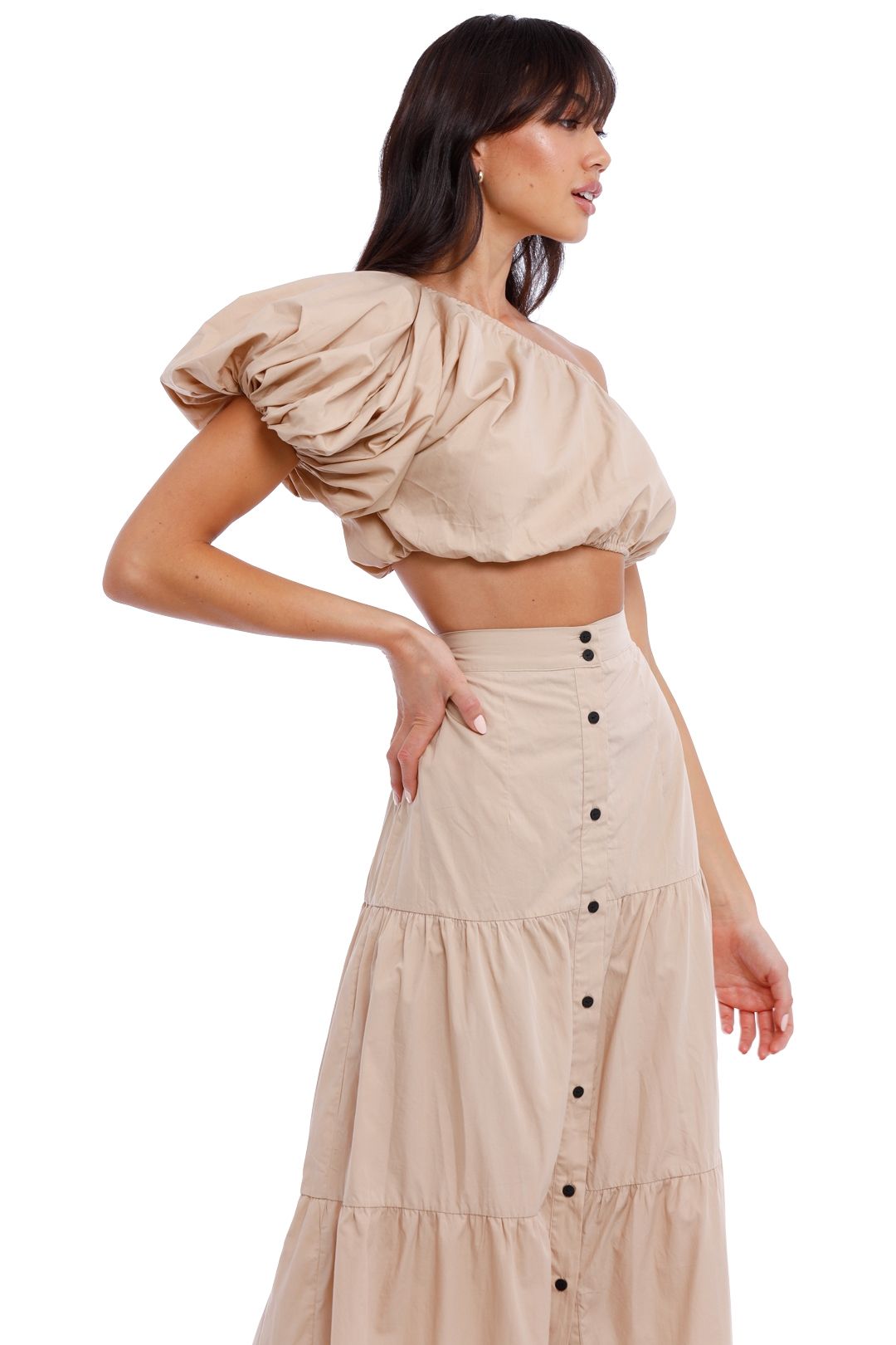 Hire Puff Sleeve Crop and Tiered Maxi Skirt Set in Sand SWF GlamCorner