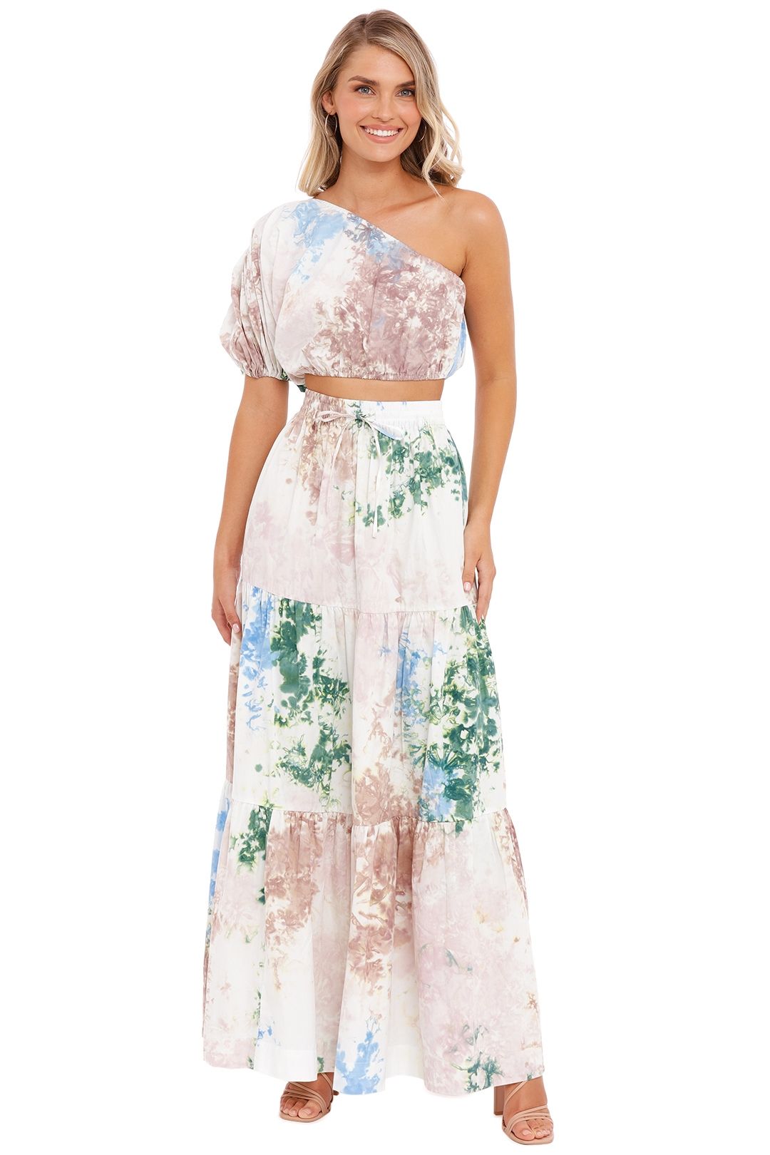 SWF Puff Sleeve Crop and Tiered Maxi Skirt Set Skyline print
