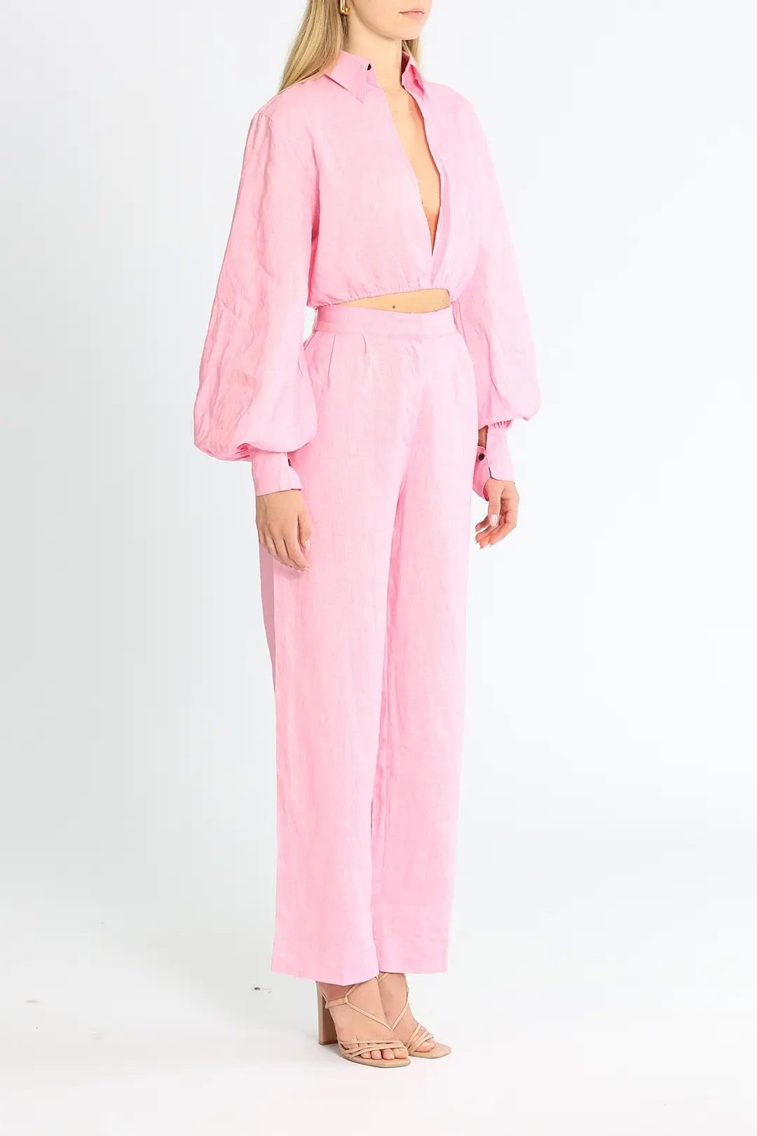SWF Puff Sleeve Cropped Shirt and Pant Set Pink